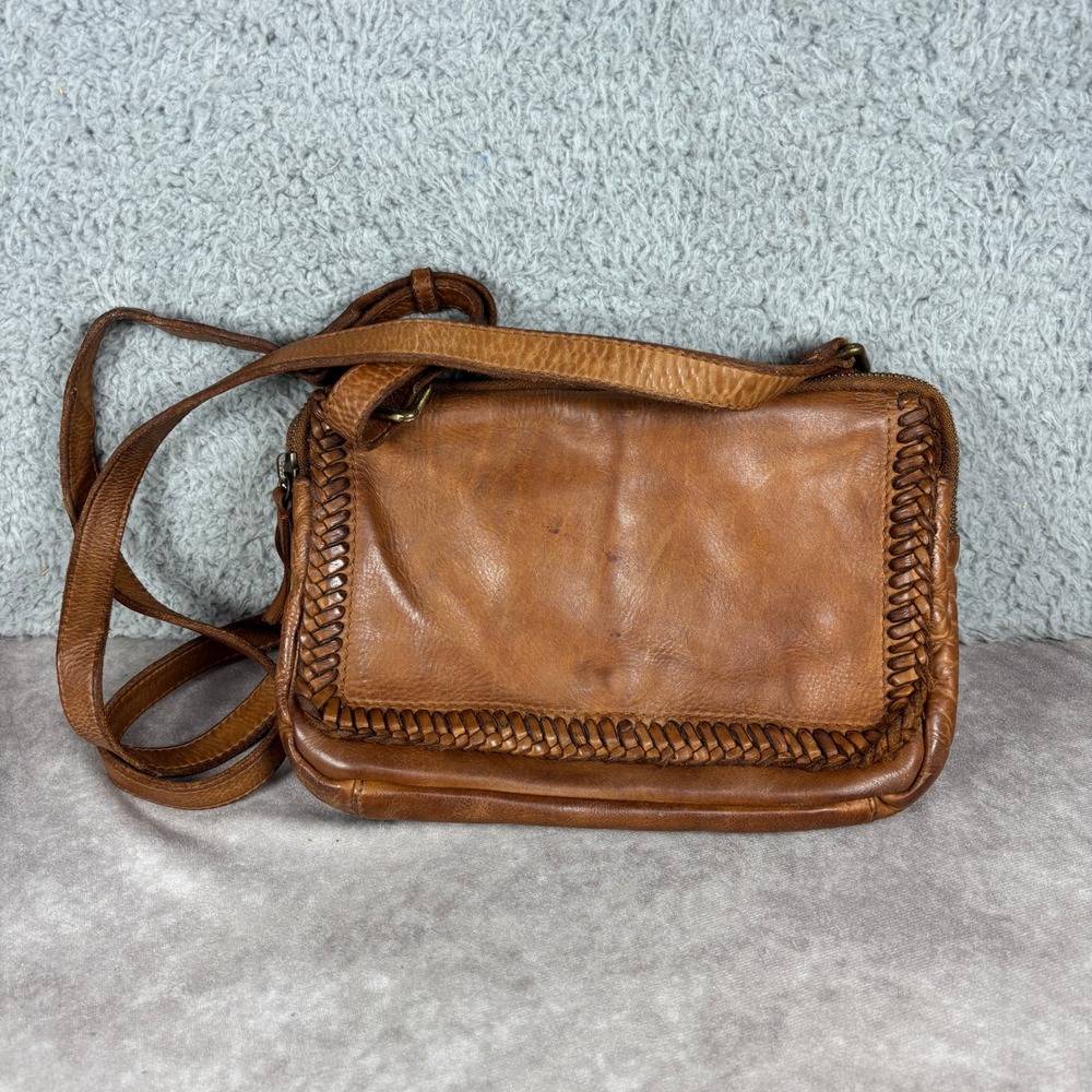 Leather Crossbody Bag Womens Small Brown Whipstitch Braided Boho RN 75343